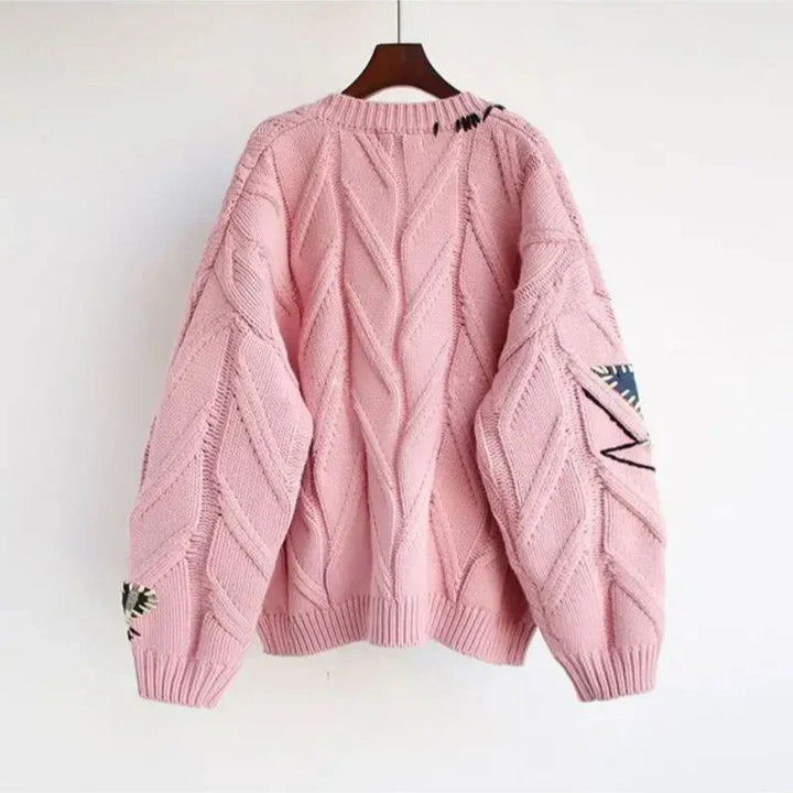 Knitted V-Neck Women’s Cardigan with Patchwork Embroidery