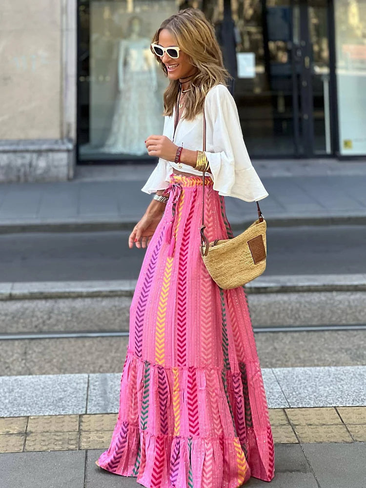 Elegant Long Floral Skirt with Elastic Waist