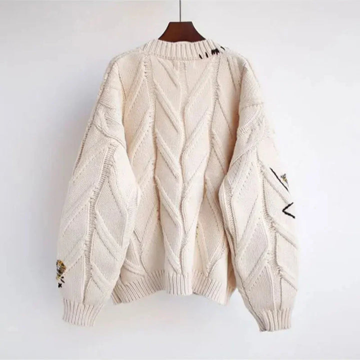 Knitted V-Neck Women’s Cardigan with Patchwork Embroidery