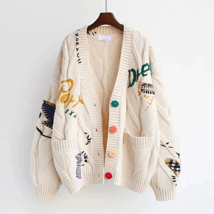Knitted V-Neck Women’s Cardigan with Patchwork Embroidery