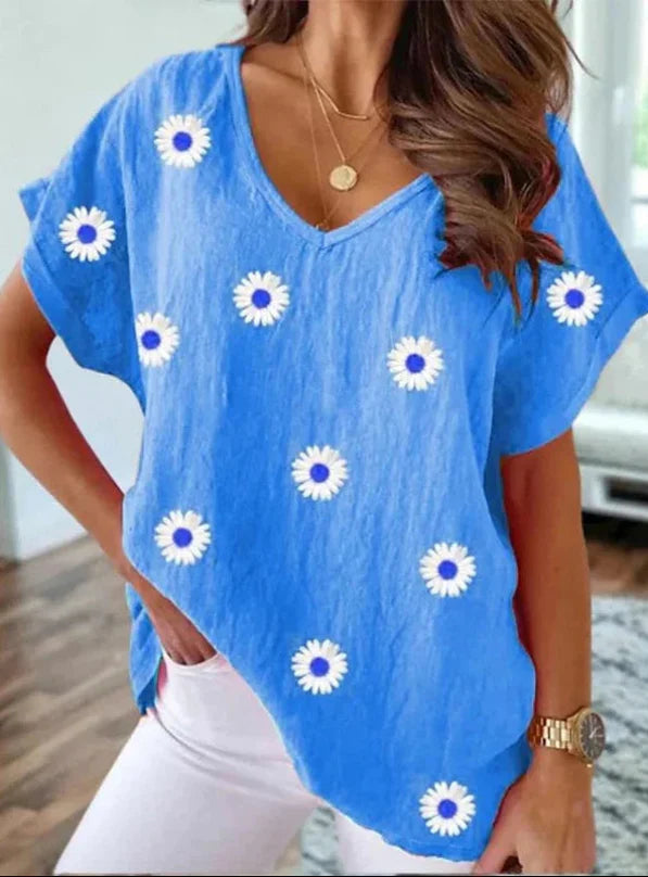 comfortable V-Neck T-Shirt with 3D Floral Print