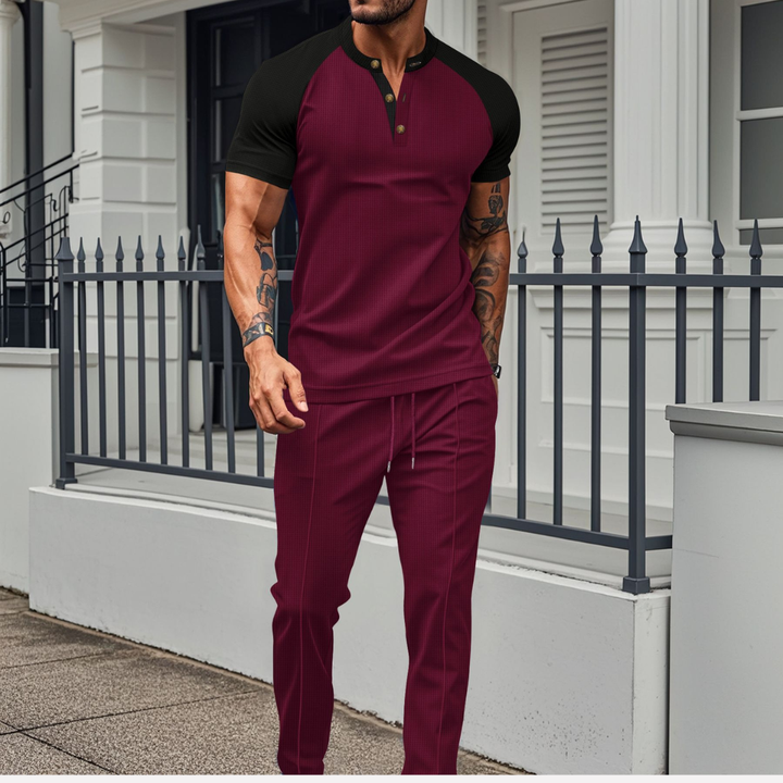 Men’s Button-Down Shirt and Waffle Long Pants Lounge Set