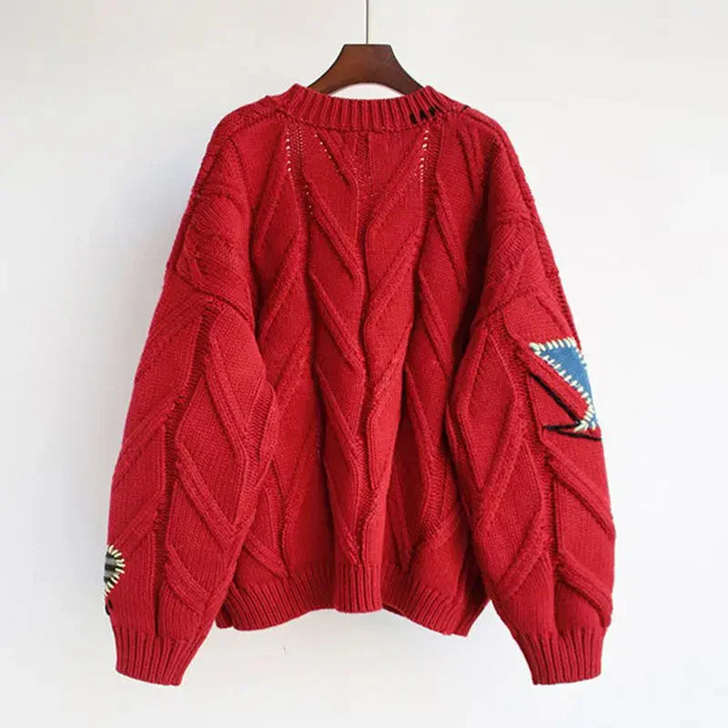 Knitted V-Neck Women’s Cardigan with Patchwork Embroidery