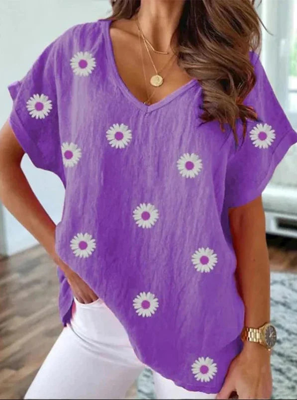 comfortable V-Neck T-Shirt with 3D Floral Print