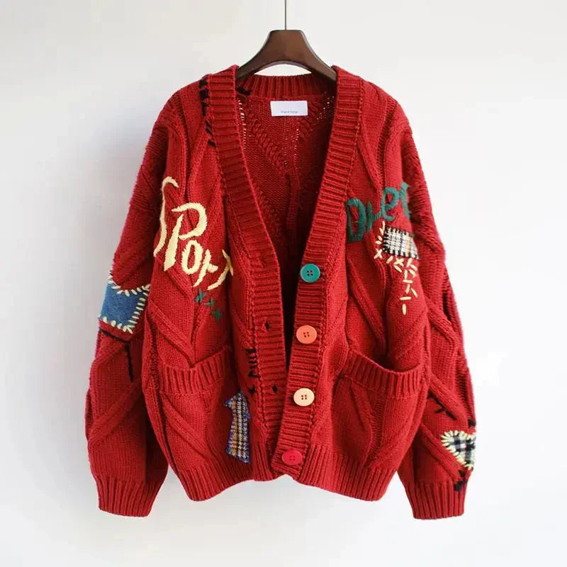 Knitted V-Neck Women’s Cardigan with Patchwork Embroidery