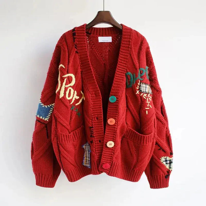 Knitted V-Neck Women’s Cardigan with Patchwork Embroidery