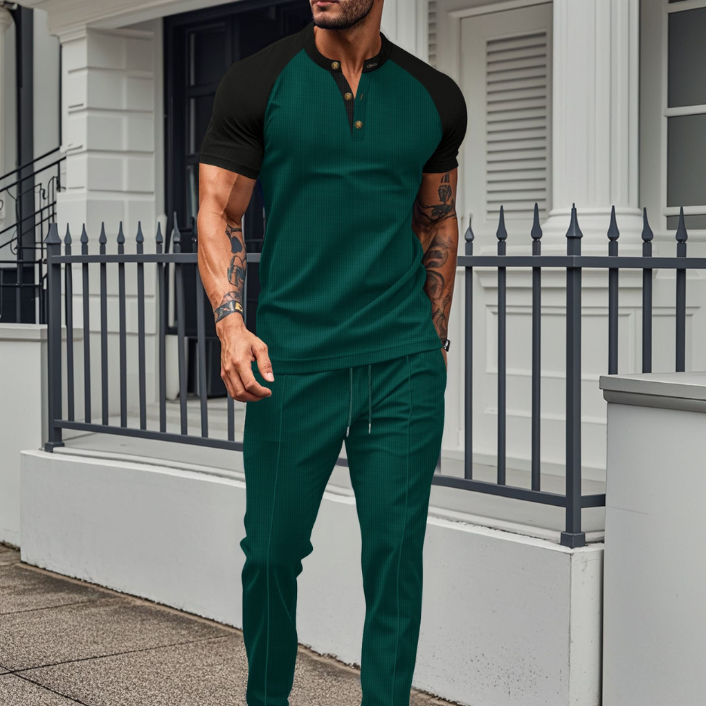 Men’s Button-Down Shirt and Waffle Long Pants Lounge Set