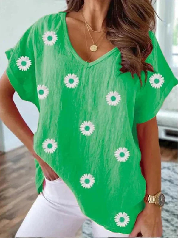 comfortable V-Neck T-Shirt with 3D Floral Print