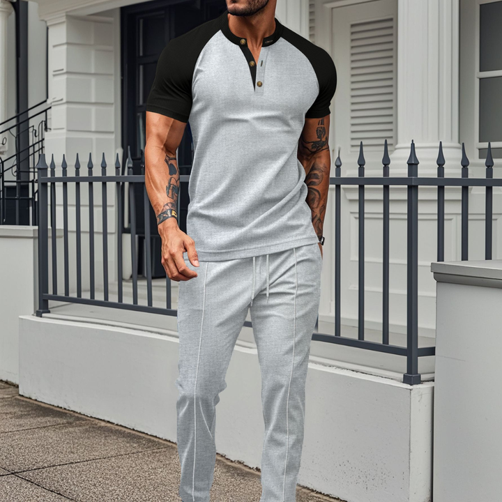 Men’s Button-Down Shirt and Waffle Long Pants Lounge Set