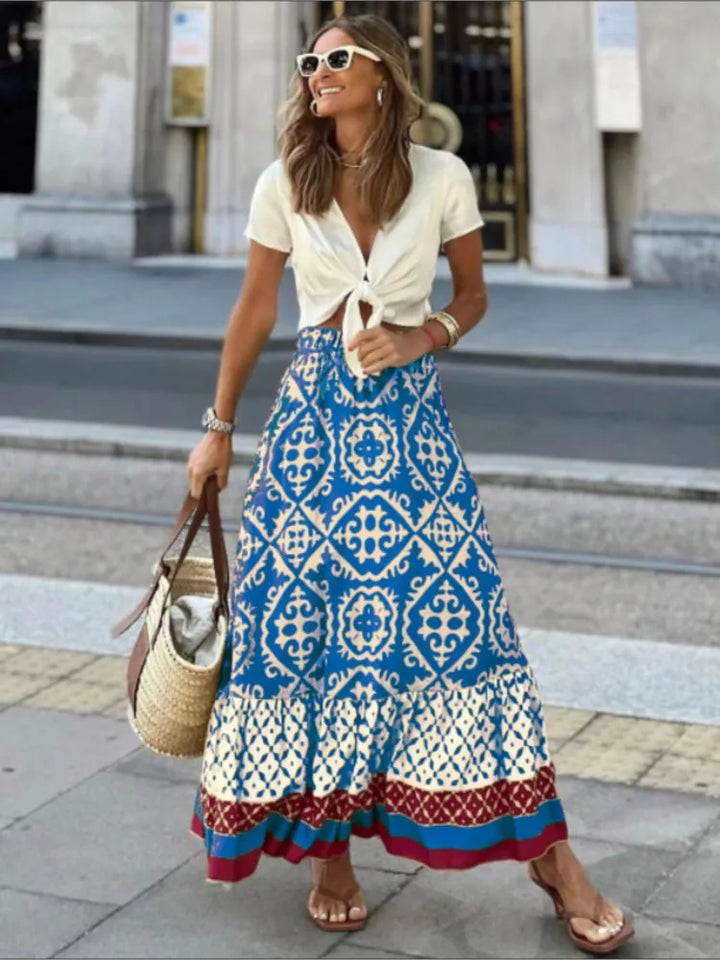Elegant Long Floral Skirt with Elastic Waist