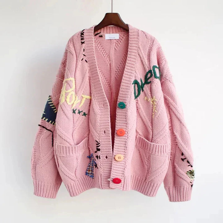 Knitted V-Neck Women’s Cardigan with Patchwork Embroidery