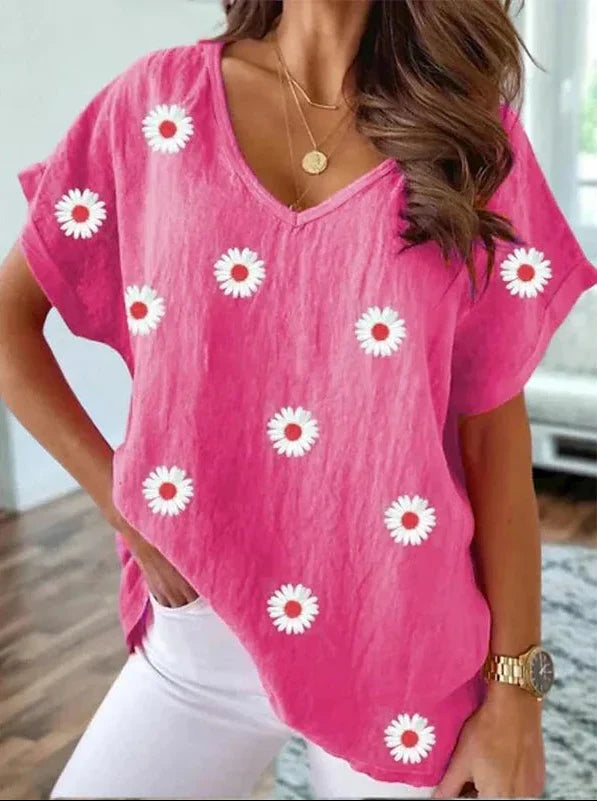 comfortable V-Neck T-Shirt with 3D Floral Print