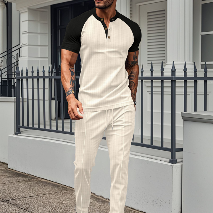 Men’s Button-Down Shirt and Waffle Long Pants Lounge Set