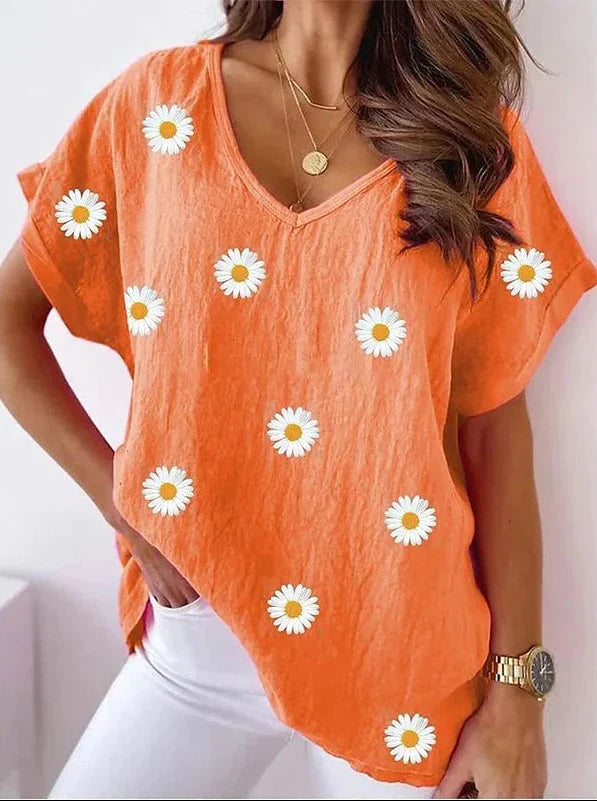 comfortable V-Neck T-Shirt with 3D Floral Print