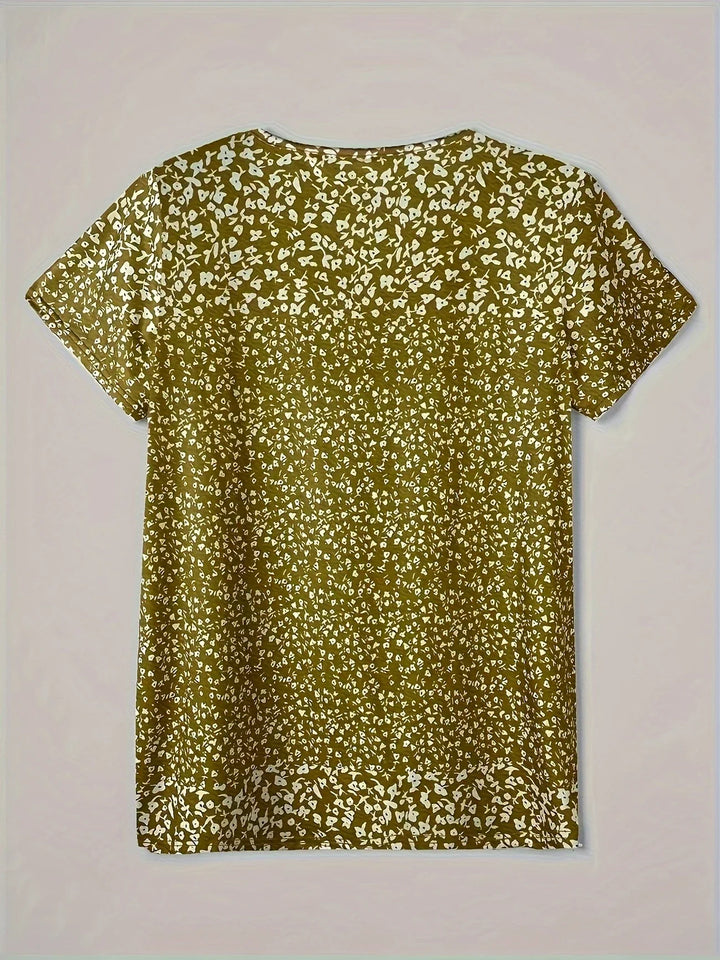 comfortable Summer Top with V-Neck, Button Closure, and Short Sleeves