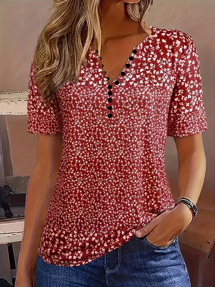 comfortable Summer Top with V-Neck, Button Closure, and Short Sleeves