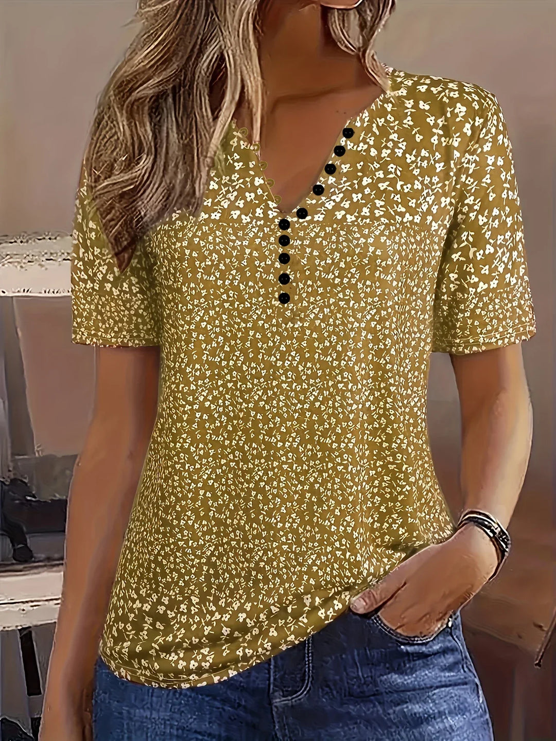comfortable Summer Top with V-Neck, Button Closure, and Short Sleeves