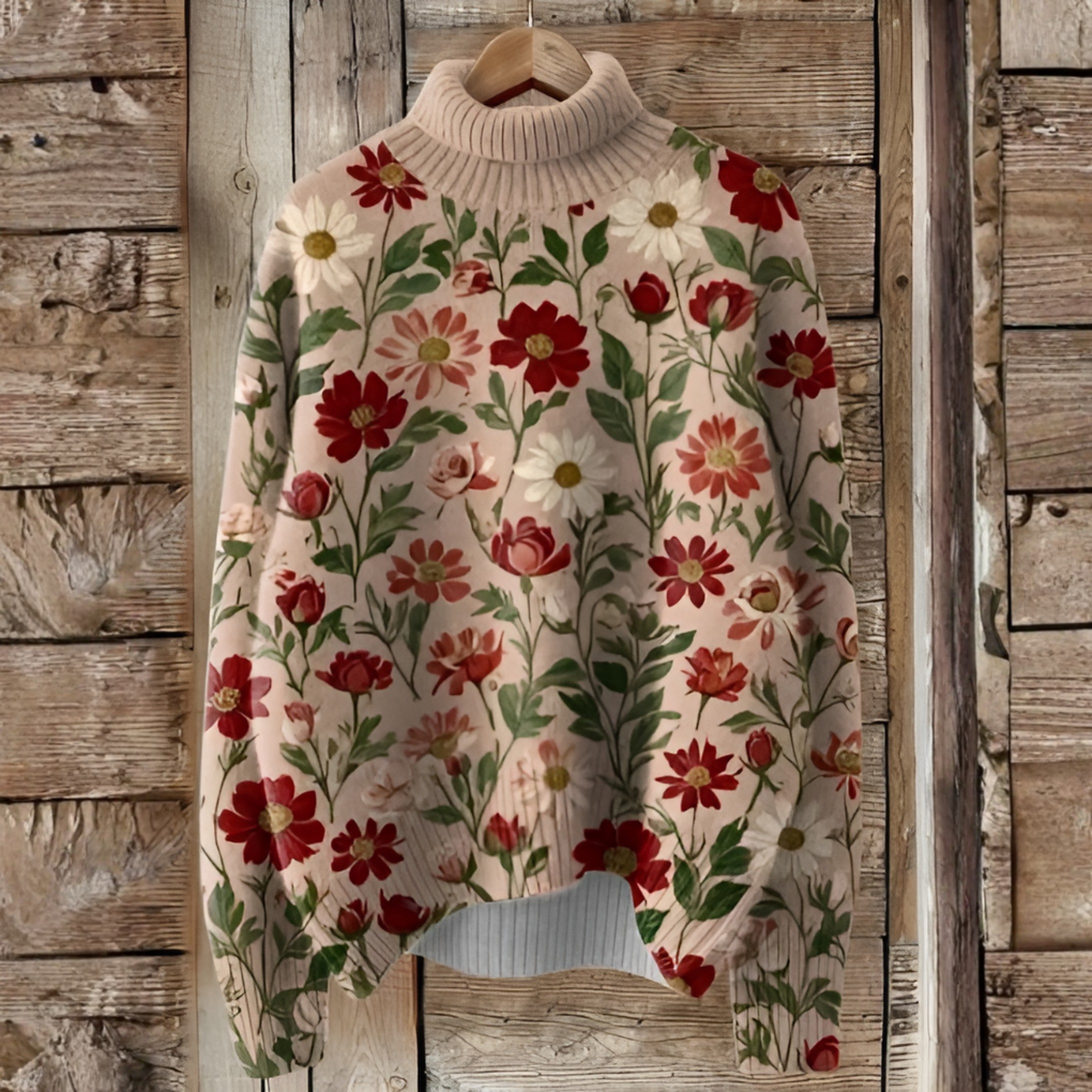 Vintage Christmas Art Print Knit Turtleneck Pullover Sweater – Festive Style for Colder Days