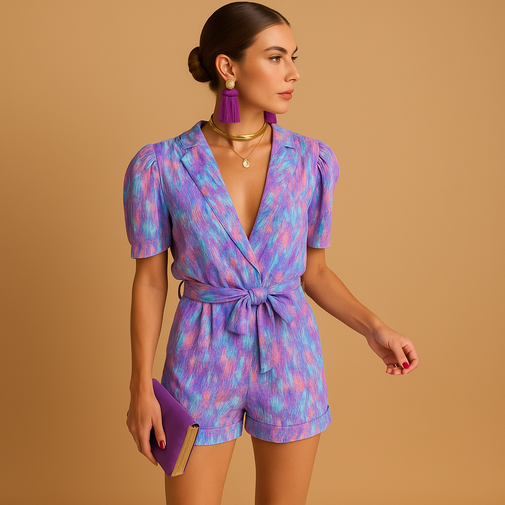 Dames zomerjumpsuit met levendige print, korte broek en taille-accentuerende riem, perfect voor warme dagen en casual gelegenheden.