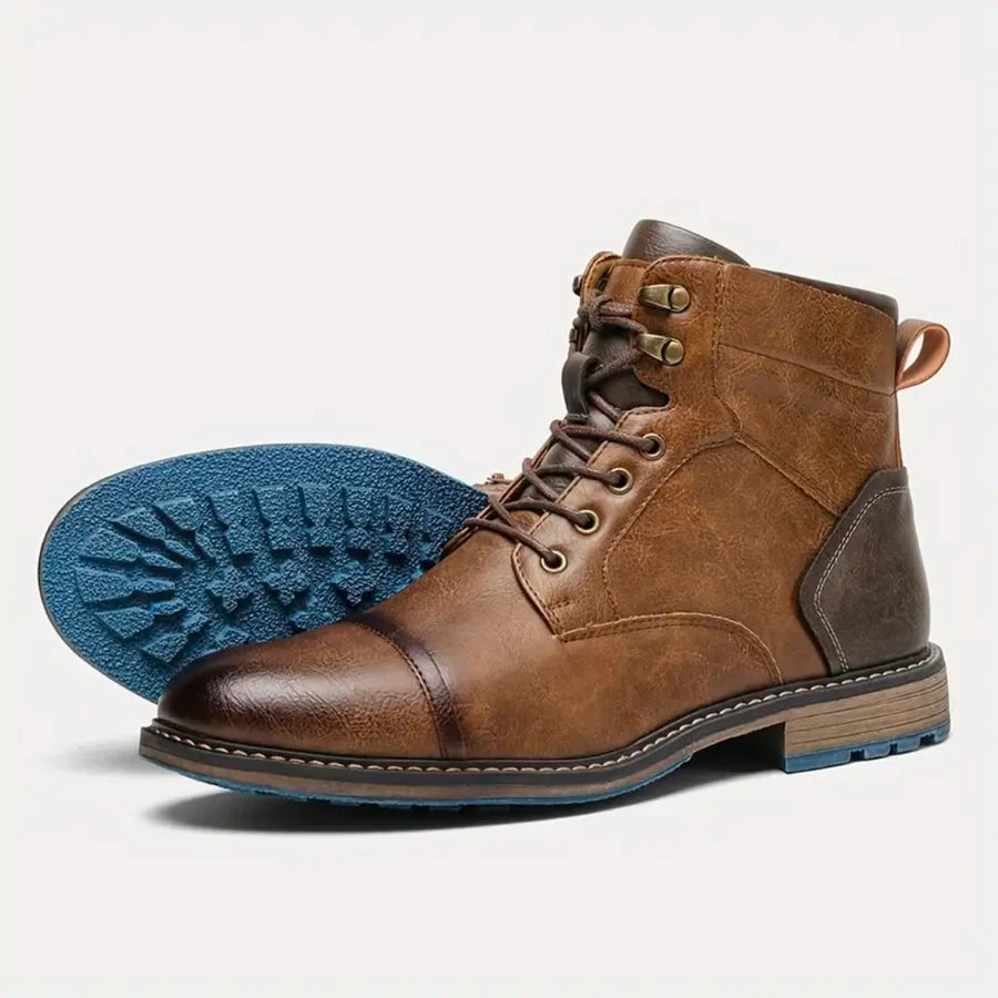 Men’s Brown Leather Lace‑Up Ankle Boots with Side Zip & Cap Toe