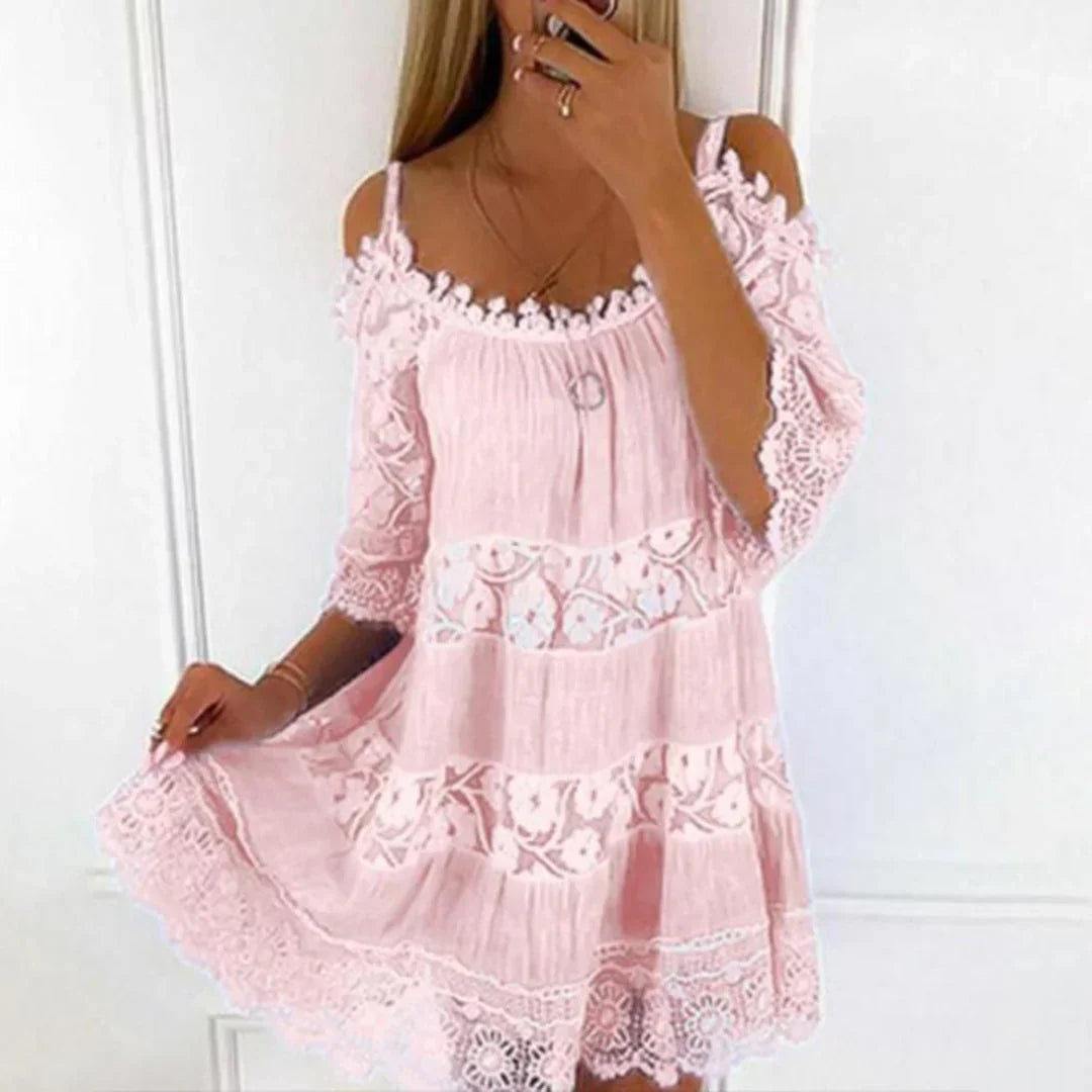 Summer Mini Dress with Crochet Lace and Embroidery