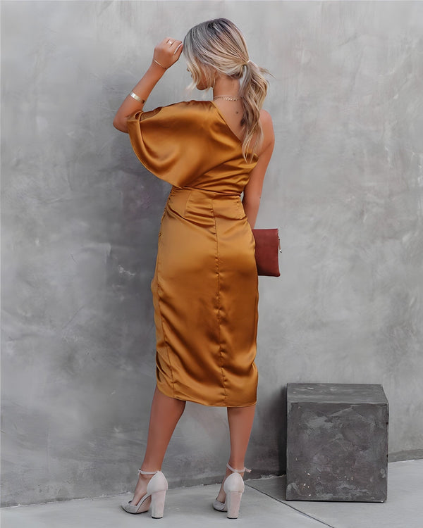 Satin Midi Dress with One-Shoulder Design and Elegant Ruffles