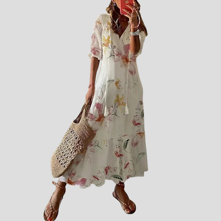 Women’s Bohemian MBoho Chic Floral V-Neck Maxi Dress – Perfect for Warm Daysaxi Dress