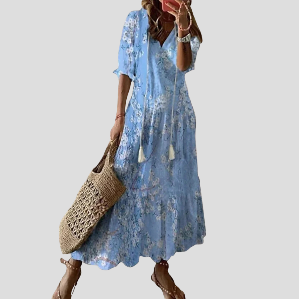 Women’s Bohemian MBoho Chic Floral V-Neck Maxi Dress – Perfect for Warm Daysaxi Dress