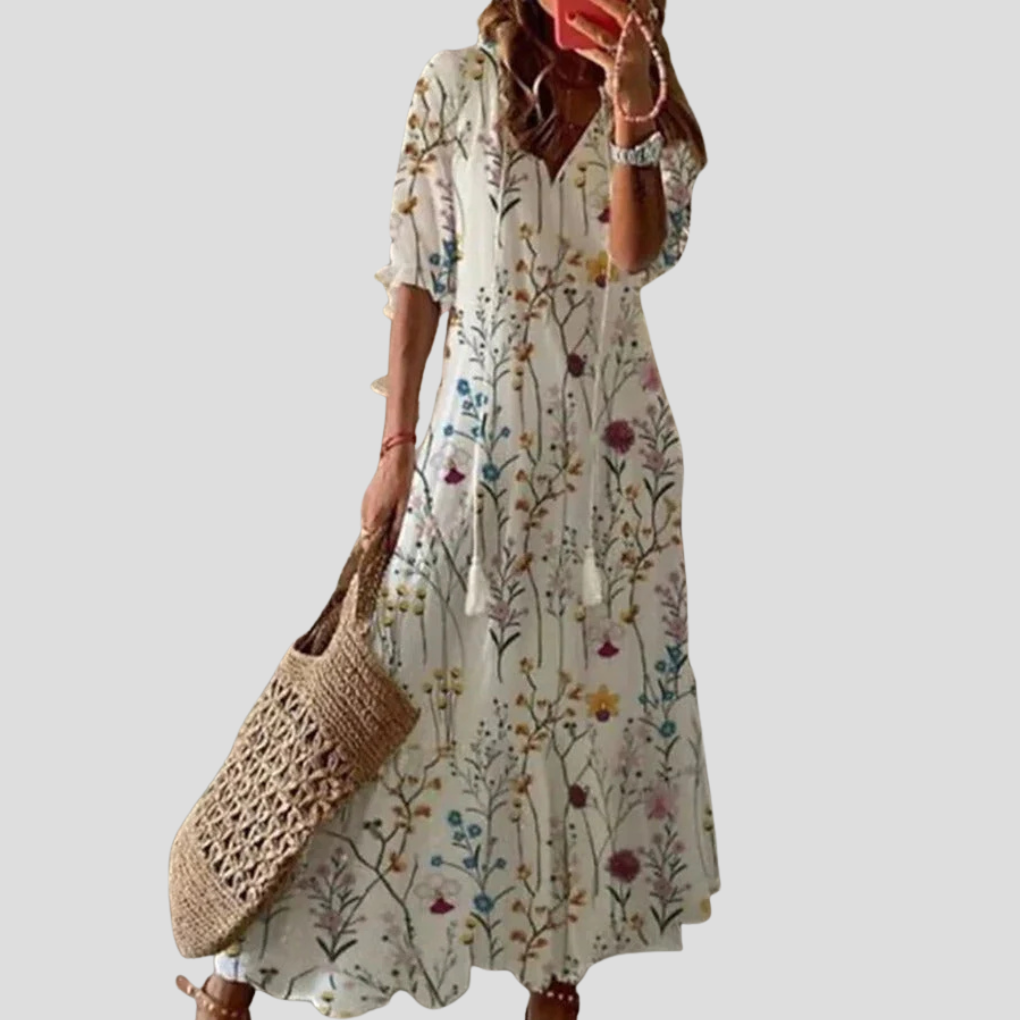 Women’s Bohemian MBoho Chic Floral V-Neck Maxi Dress – Perfect for Warm Daysaxi Dress