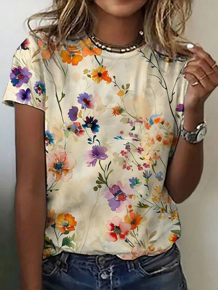 Women's Vintage Floral T-Shirt with Round Neck