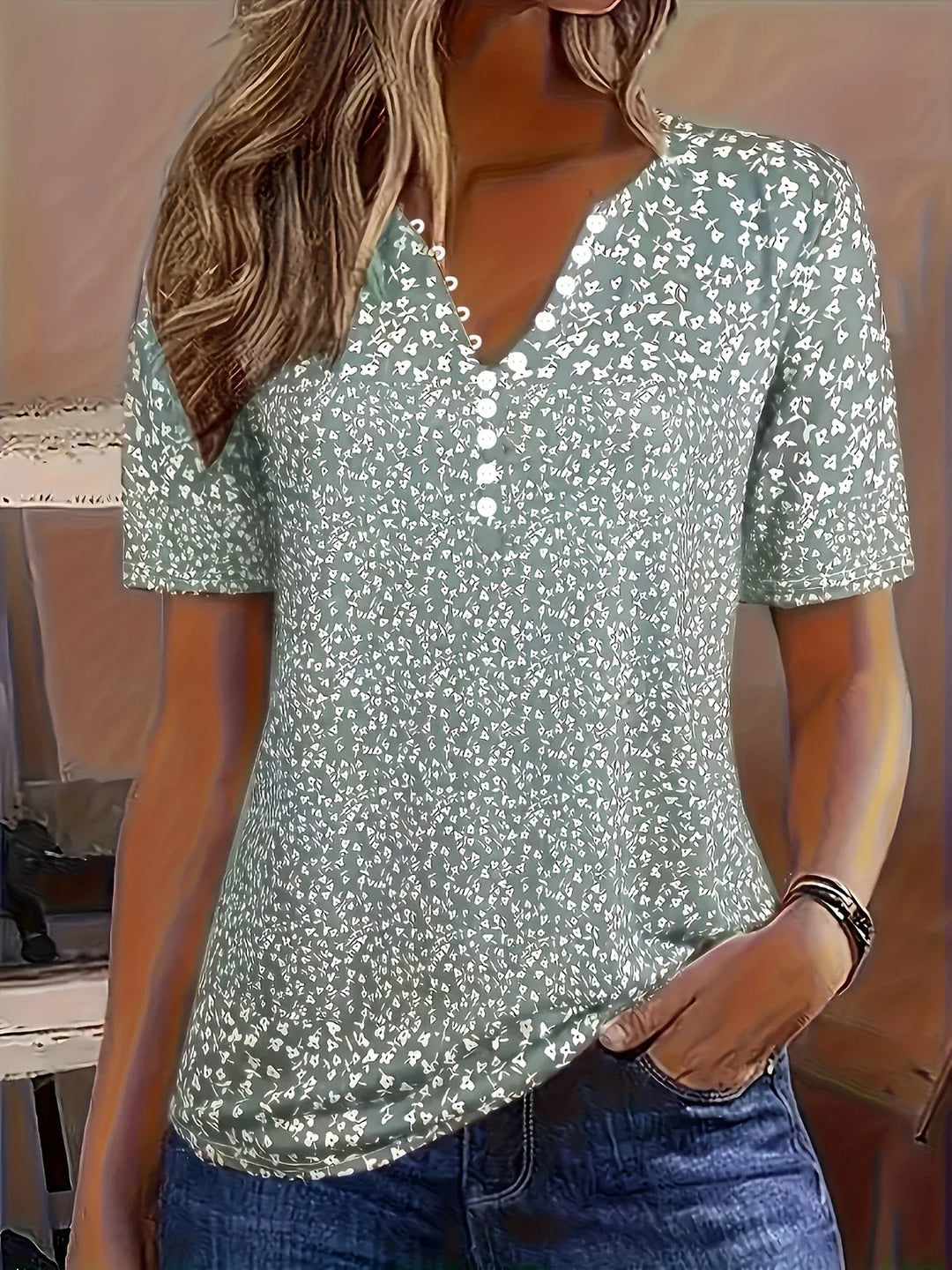 comfortable Summer Top with V-Neck, Button Closure, and Short Sleeves
