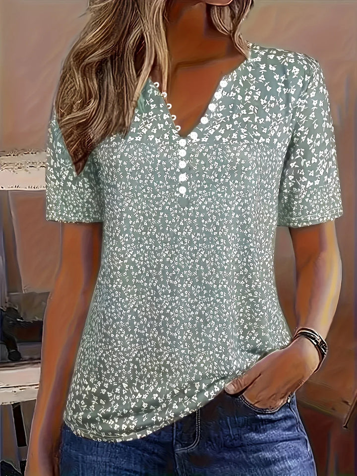 comfortable Summer Top with V-Neck, Button Closure, and Short Sleeves