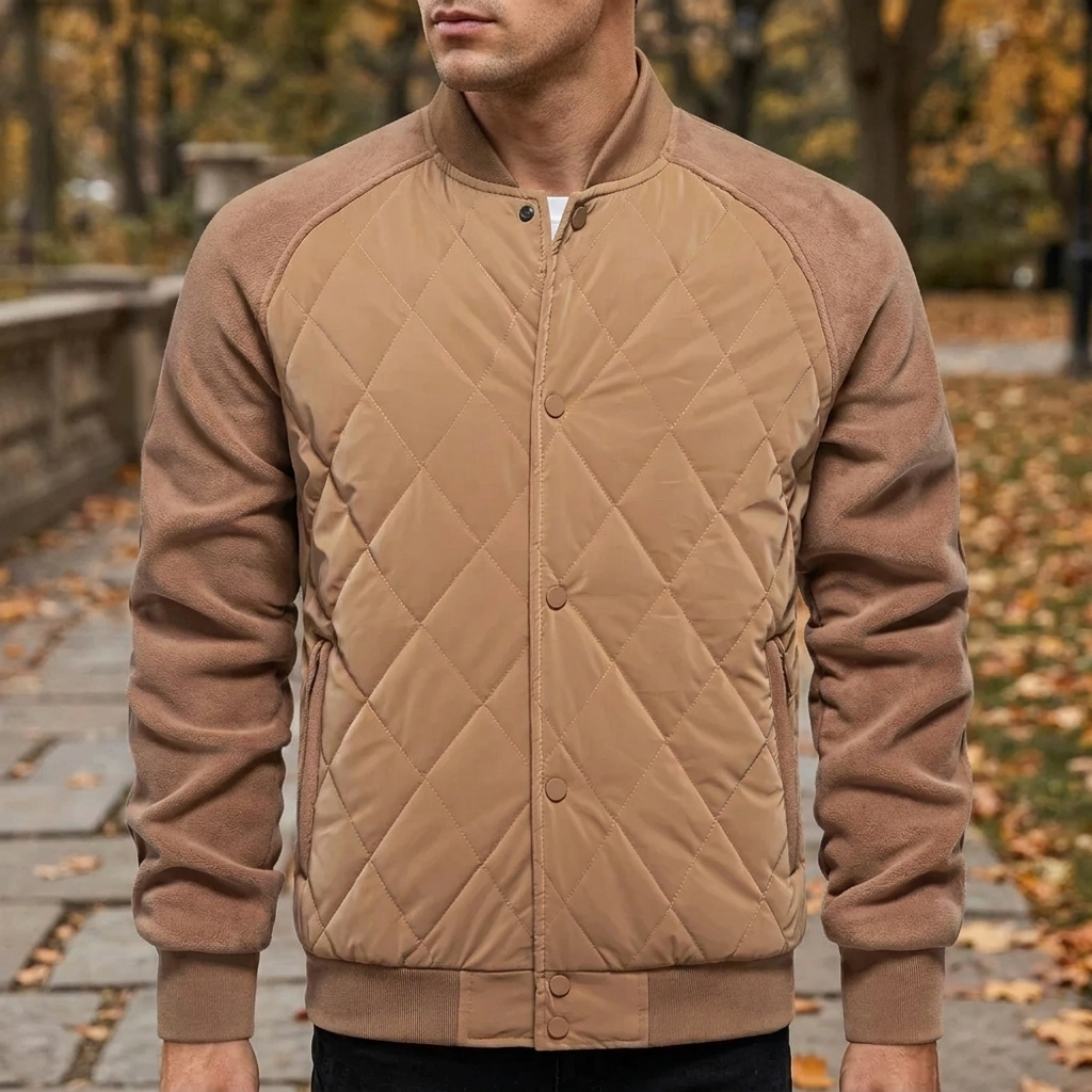 Men’s Quilted Varsity Bomber Jacket with Snap Buttons