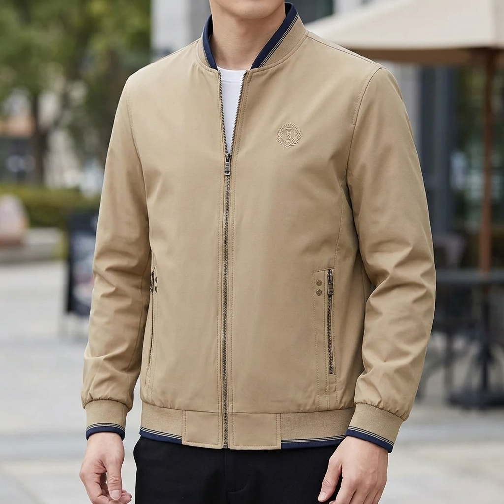 Men’s Bomber Jacket with Stand Collar & Zip Pocket