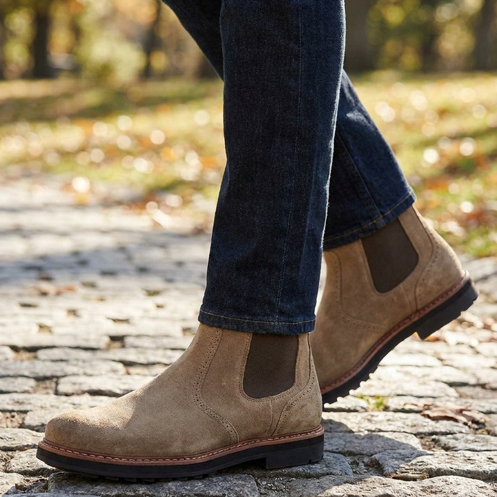 Men’s Stylish Brogue Chelsea Boots with Side Zip & Durable Lug Sole