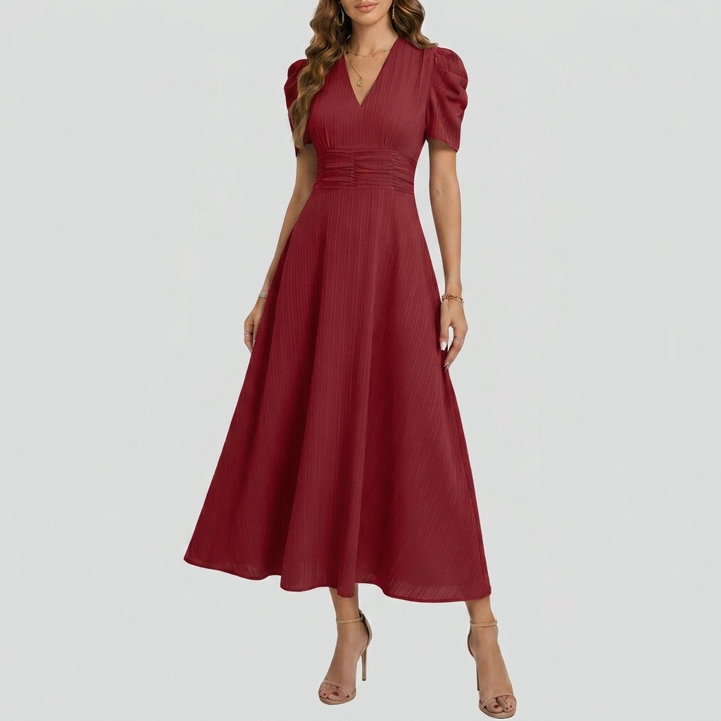 Women’s V‑Neck Short Sleeve Midi Dress – Elegant Everyday Style