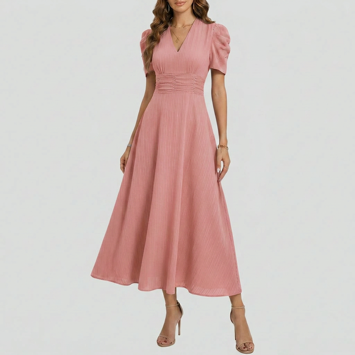 Women’s V‑Neck Short Sleeve Midi Dress – Elegant Everyday Style