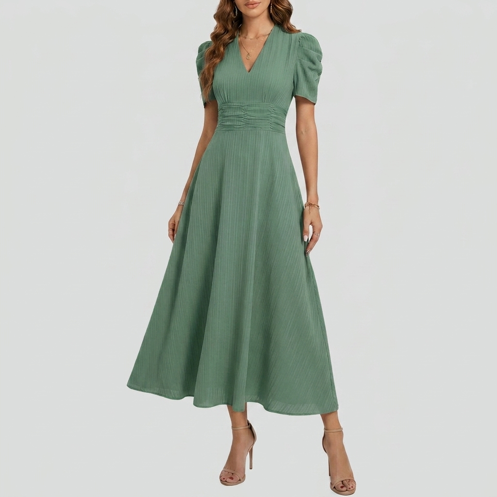 Women’s V‑Neck Short Sleeve Midi Dress – Elegant Everyday Style