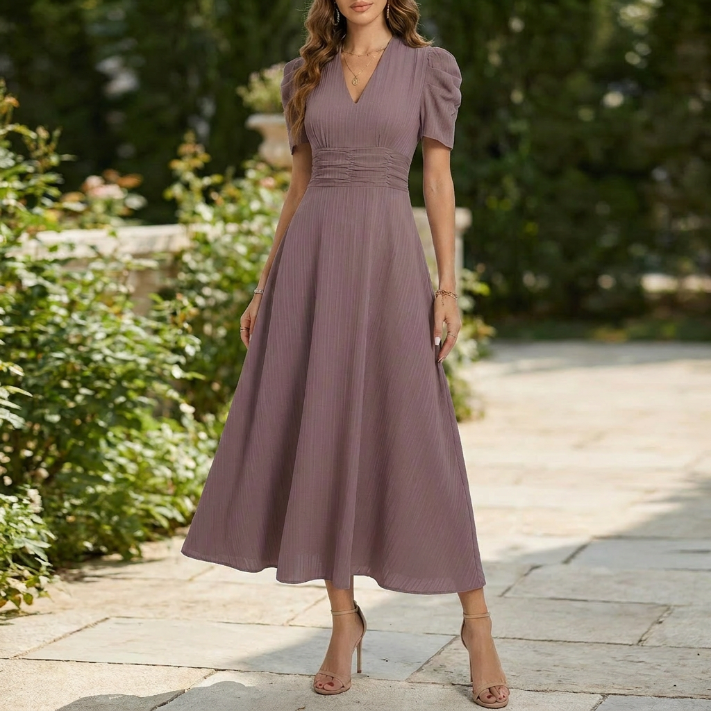 Women’s V‑Neck Short Sleeve Midi Dress – Elegant Everyday Style