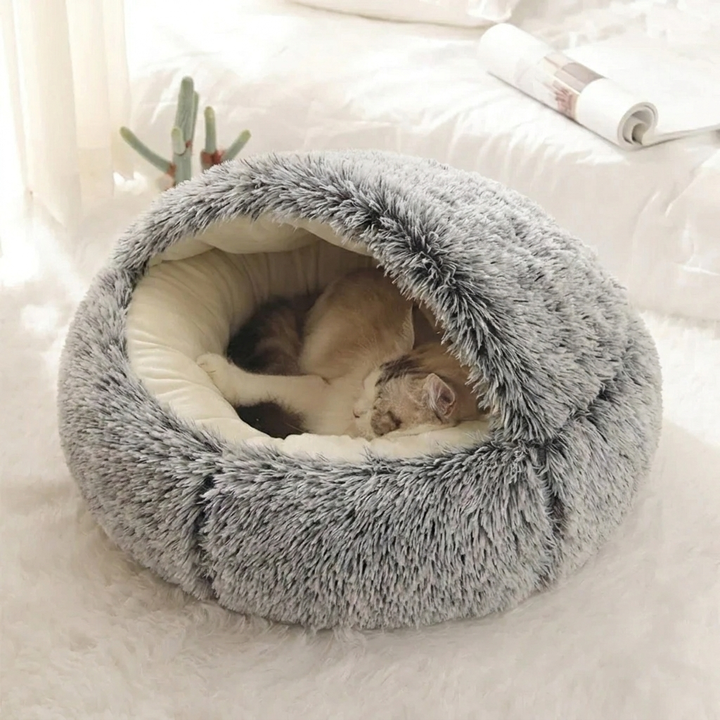 2‑in‑1 Hooded Plush Cat Cave Bed – Convertible Cozy Retreat for Pets