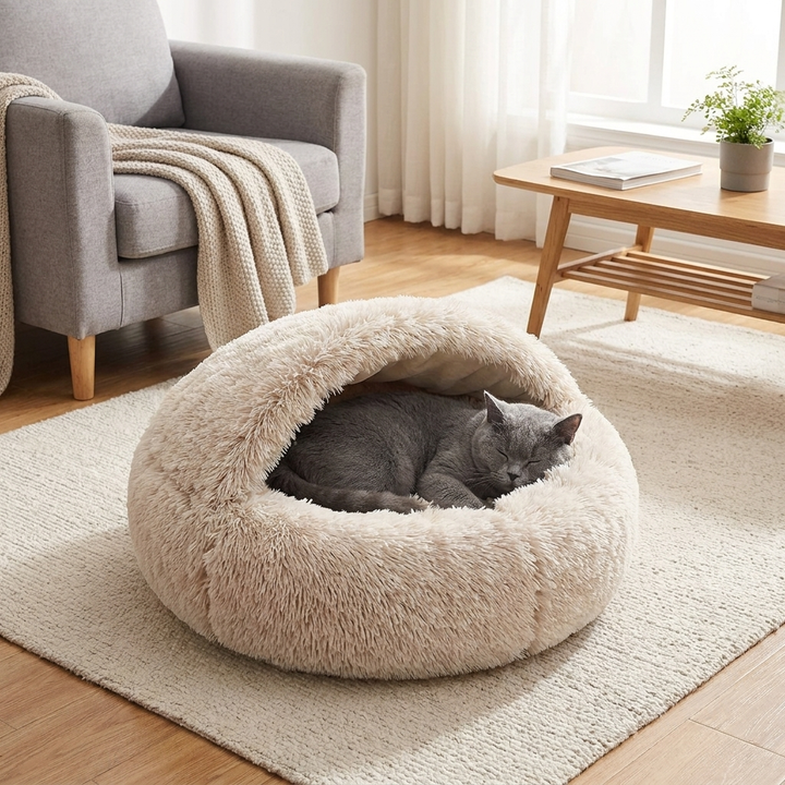 2‑in‑1 Hooded Plush Cat Cave Bed – Convertible Cozy Retreat for Pets