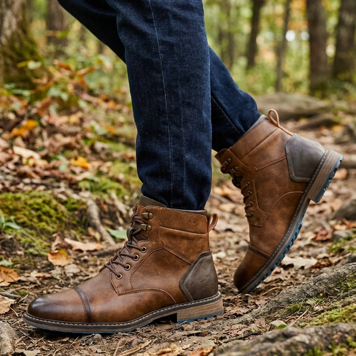 Men’s Brown Leather Lace‑Up Ankle Boots with Side Zip & Cap Toe