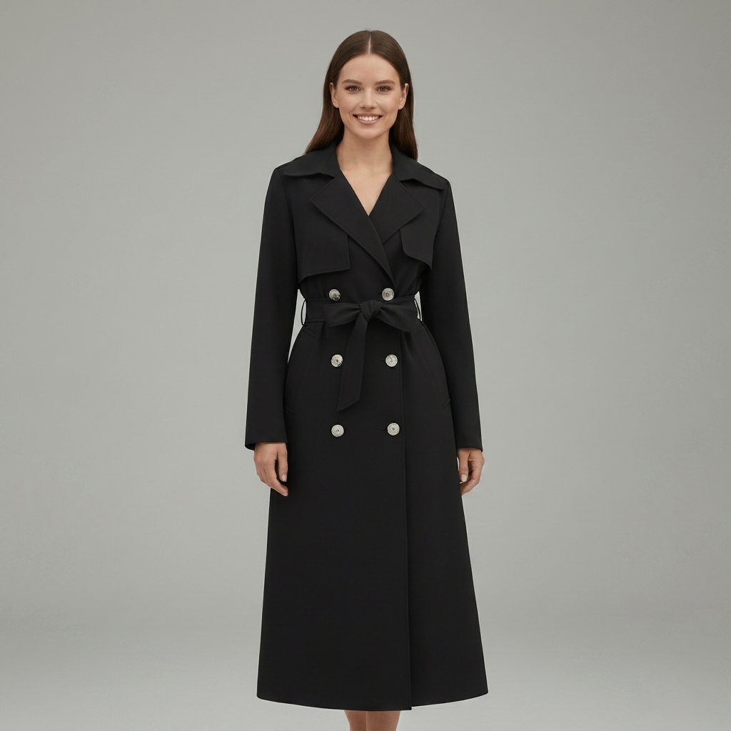 Classic Long Trench Coat for Women – Button Front & Belted Style