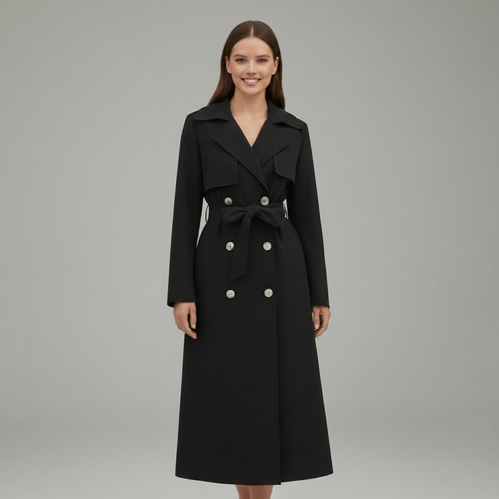 Classic Long Trench Coat for Women – Button Front & Belted Style