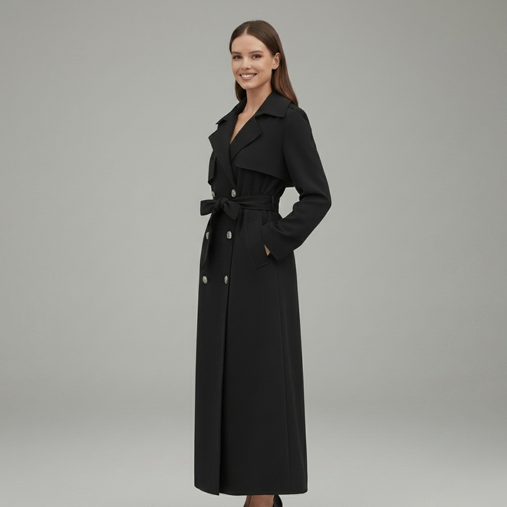 Classic Long Trench Coat for Women – Button Front & Belted Style