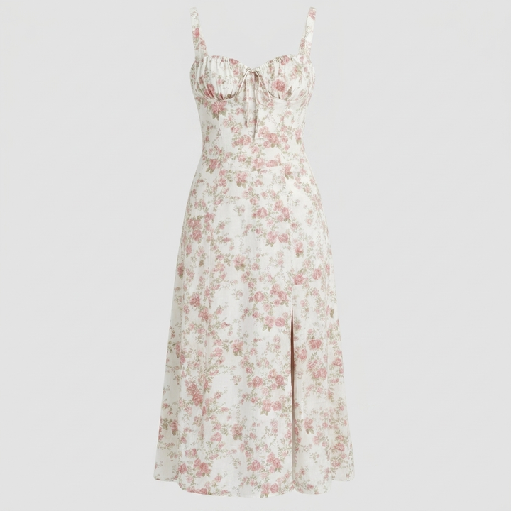Chic Midi Dress with Patterned Skirt and Adjustable Shoulder Straps