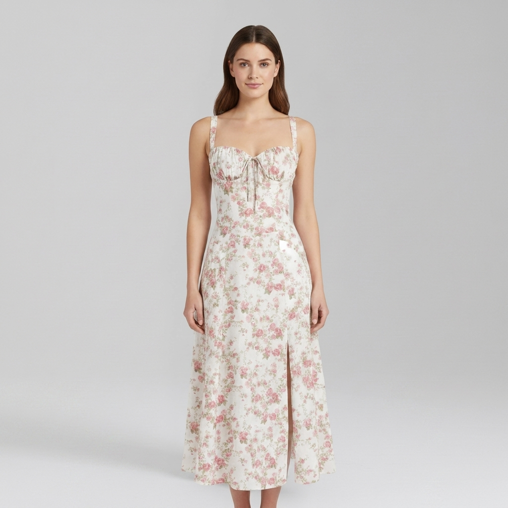 Chic Midi Dress with Patterned Skirt and Adjustable Shoulder Straps