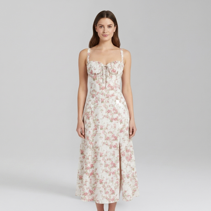 Chic Midi Dress with Patterned Skirt and Adjustable Shoulder Straps