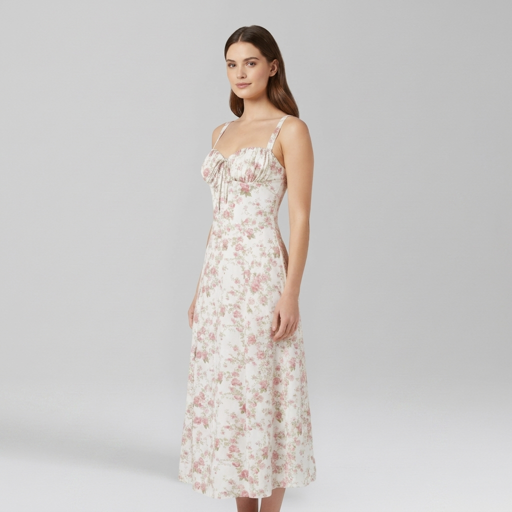 Chic Midi Dress with Patterned Skirt and Adjustable Shoulder Straps
