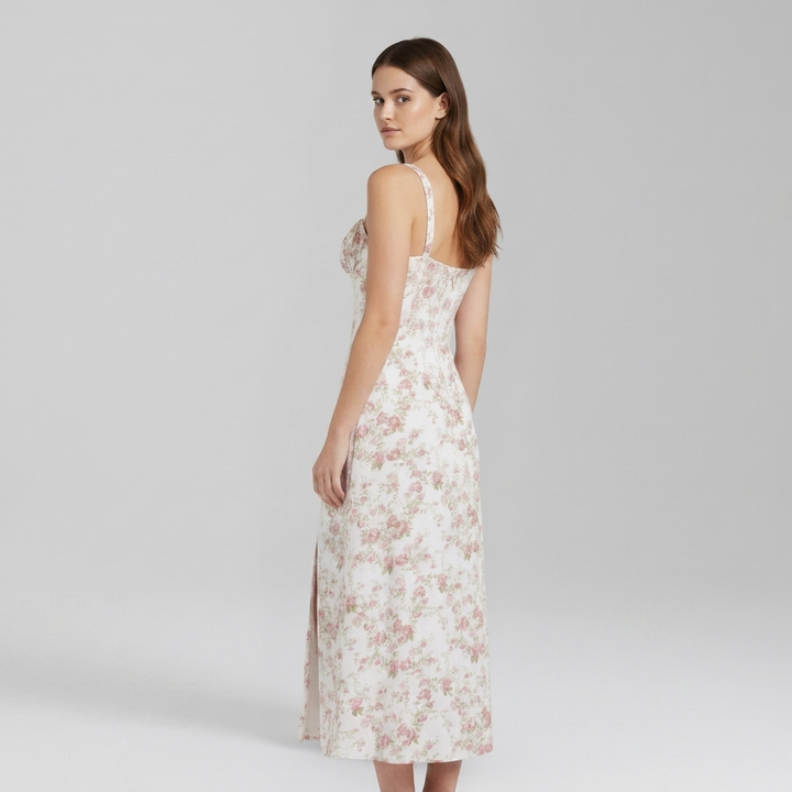 Chic Midi Dress with Patterned Skirt and Adjustable Shoulder Straps